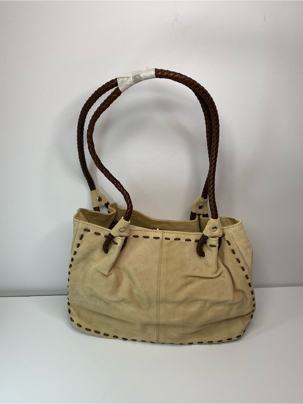 Vtg Boho Tan Genuine Suede Shoulder Bag Braided Strap Y2K Slouchy Hobo Western
